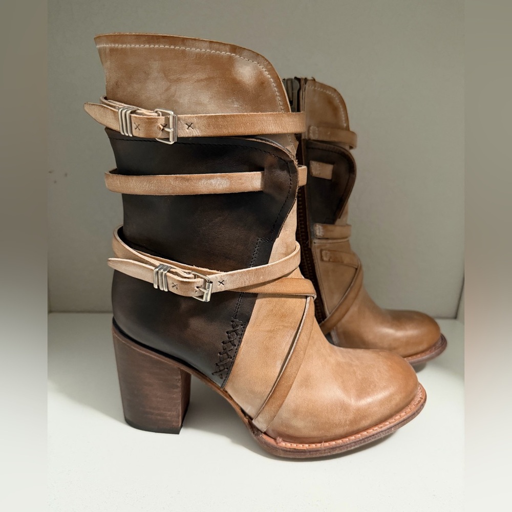 Freebird by Steven Two-Tone Buckle Heel Boots in Tan & Black